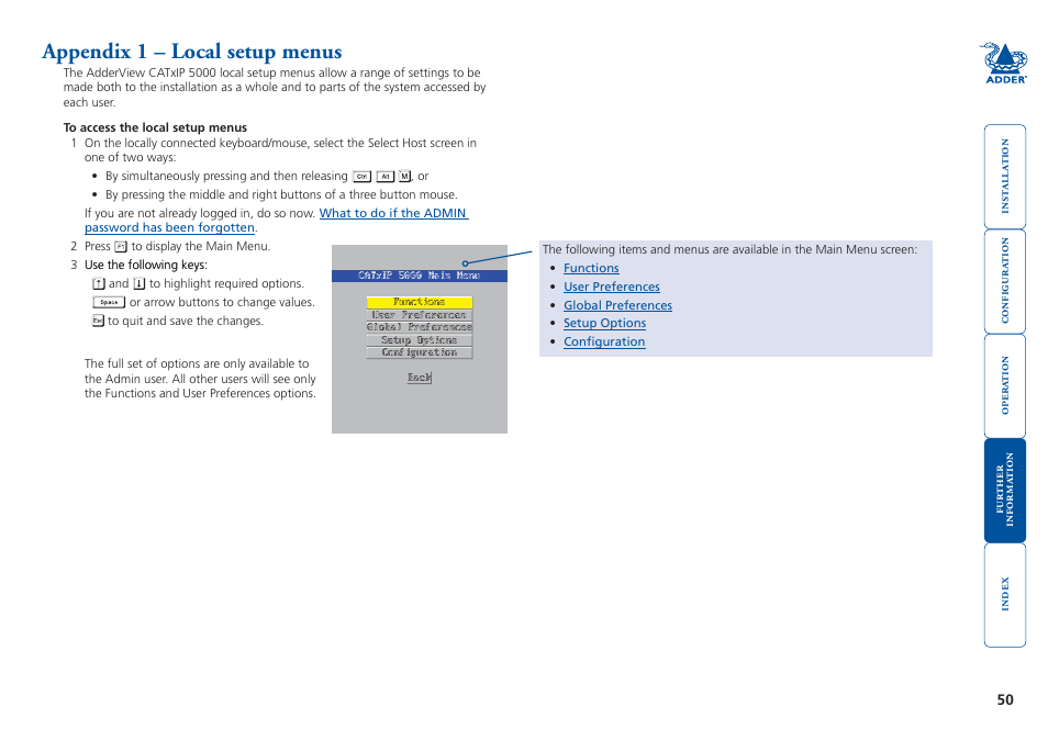 Appendix 1 – local setup menus, Appendix 1, For mor | E discussed within, Configuration menus | Adder Technology 5000 User Manual | Page 51 / 94