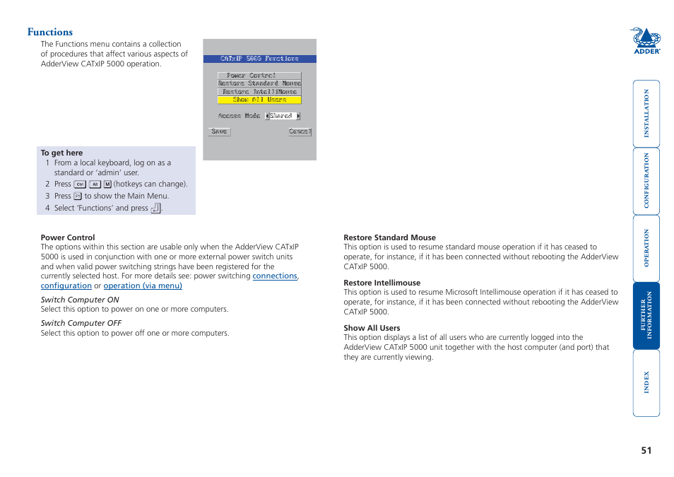 Functions, Functions menu | Adder Technology 5000 User Manual | Page 52 / 94