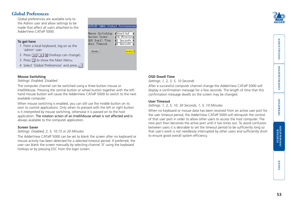 Global preferences, Switching’ option is enabled. see, For more details | Adder Technology 5000 User Manual | Page 54 / 94