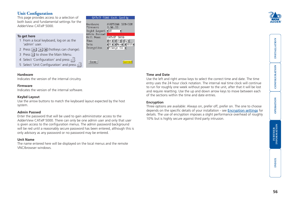 Unit configuration, Local configuration menu | Adder Technology 5000 User Manual | Page 57 / 94