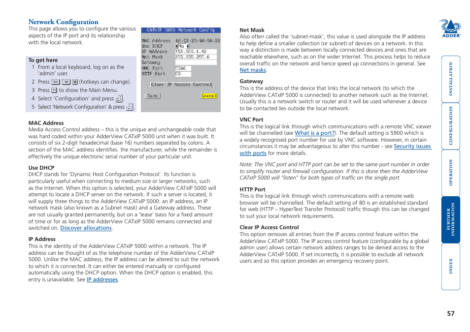 Network configuration, Local configuration menus, Check the | Network settings, Check that the users network addr | Adder Technology 5000 User Manual | Page 58 / 94