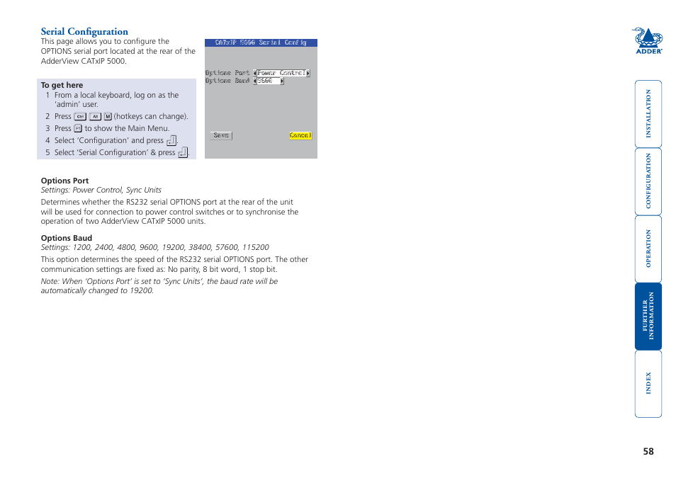 Serial configuration, Local, Selection) can be made either via the | Adder Technology 5000 User Manual | Page 59 / 94