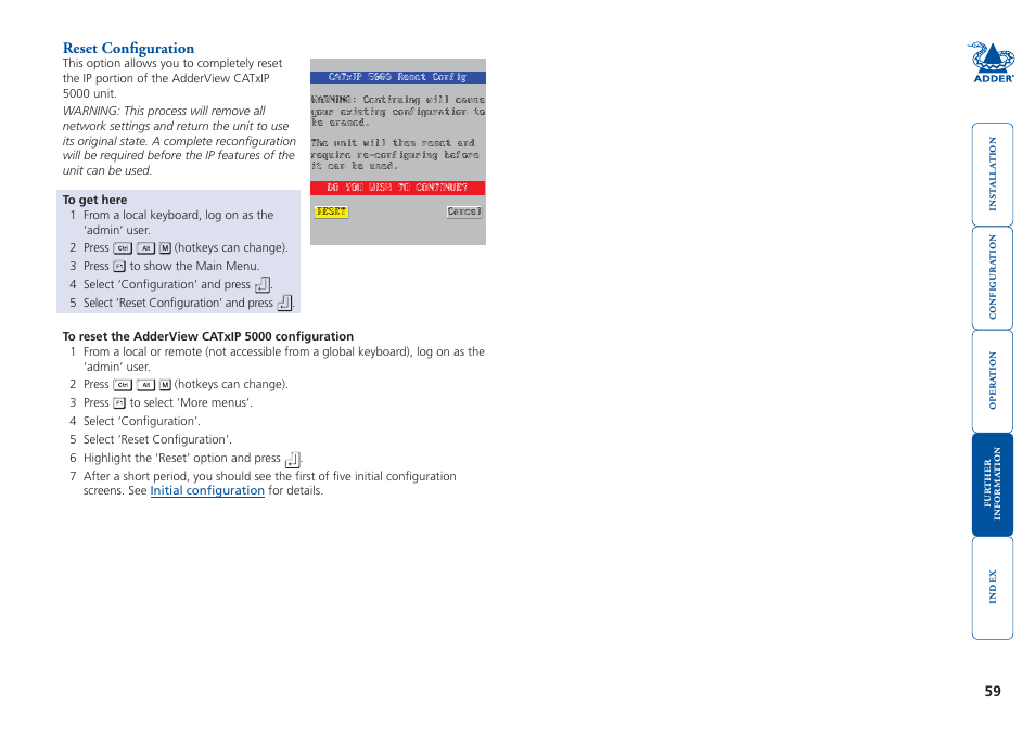 Reset configuration | Adder Technology 5000 User Manual | Page 60 / 94