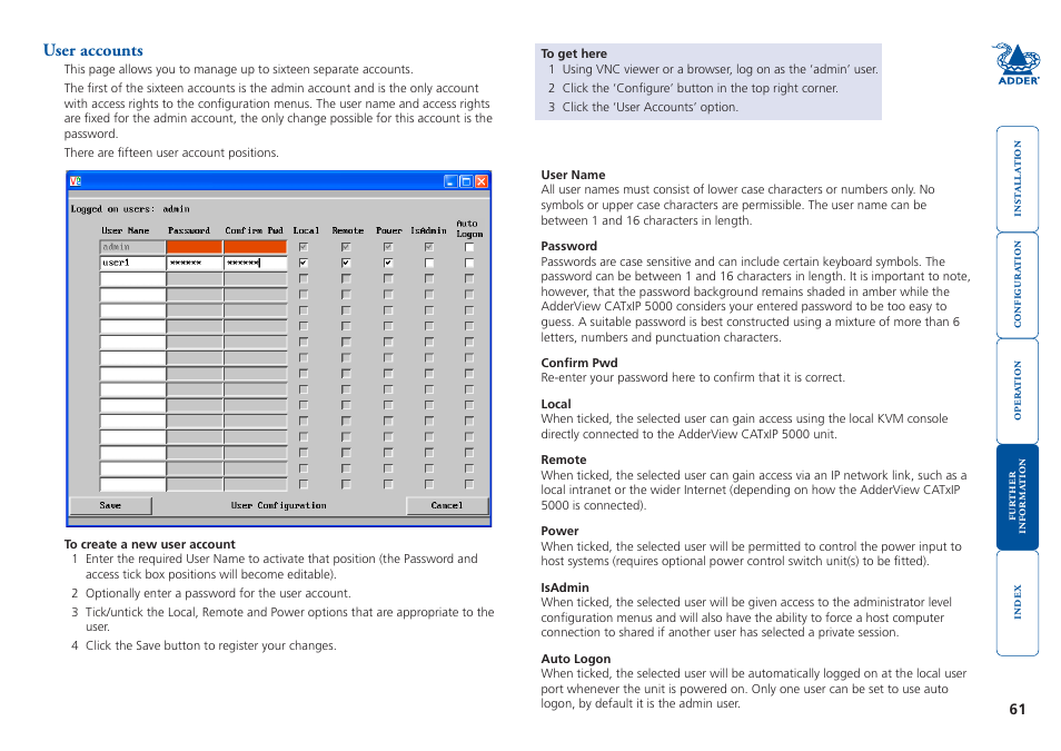 User accounts, Create user accounts and allocate access rights | Adder Technology 5000 User Manual | Page 62 / 94