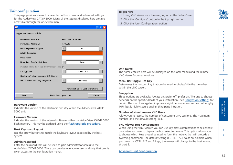 Unit configuration, Appendix 2: unit configuration | Adder Technology 5000 User Manual | Page 63 / 94