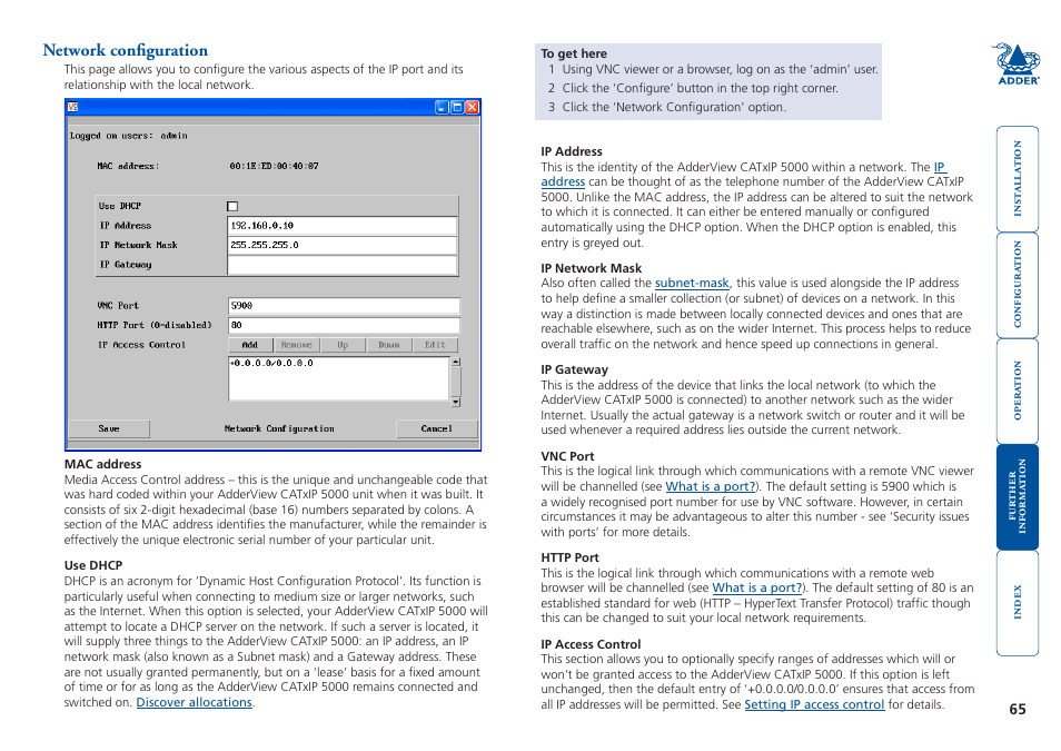 Network configuration, Global | Adder Technology 5000 User Manual | Page 66 / 94