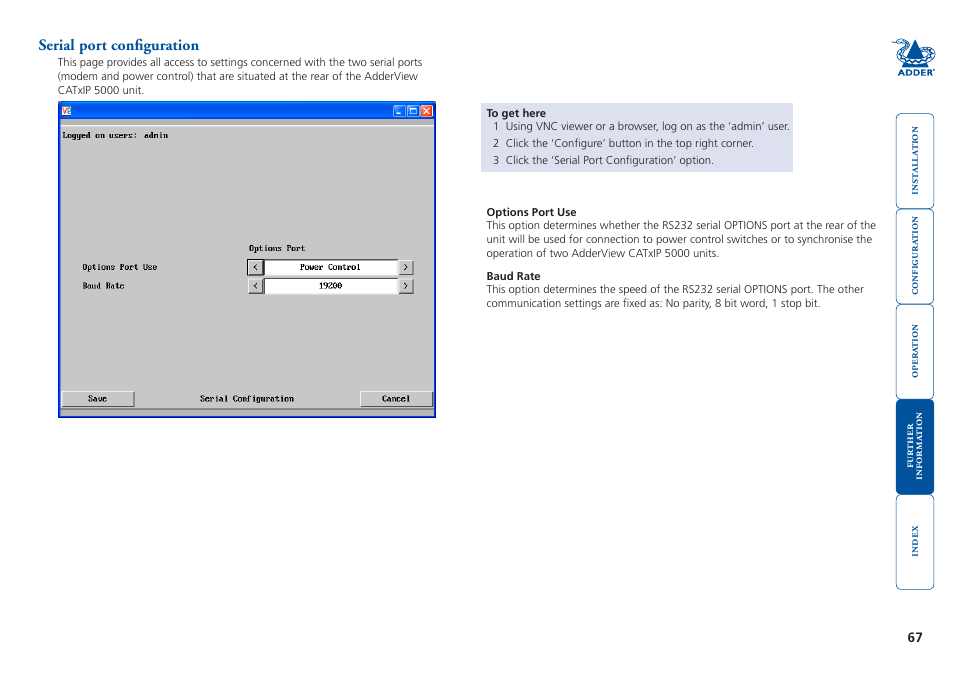 Serial port configuration, Global, User configuration menus | Switch box(es), using the, Configuration menu | Adder Technology 5000 User Manual | Page 68 / 94