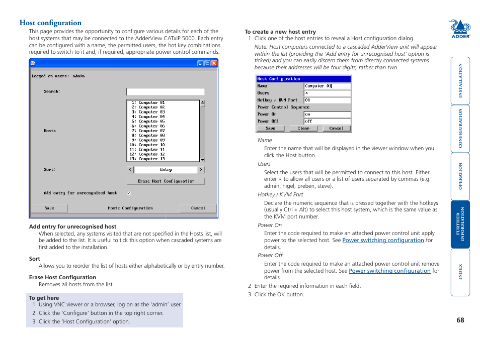 Host configuration, Provide names for computers, More | Appendix 2 - host, Configuration, For details about | Adder Technology 5000 User Manual | Page 69 / 94