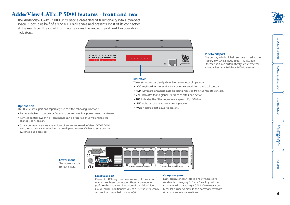 Adderview catxip 5000 features - front and rear | Adder Technology 5000 User Manual | Page 7 / 94