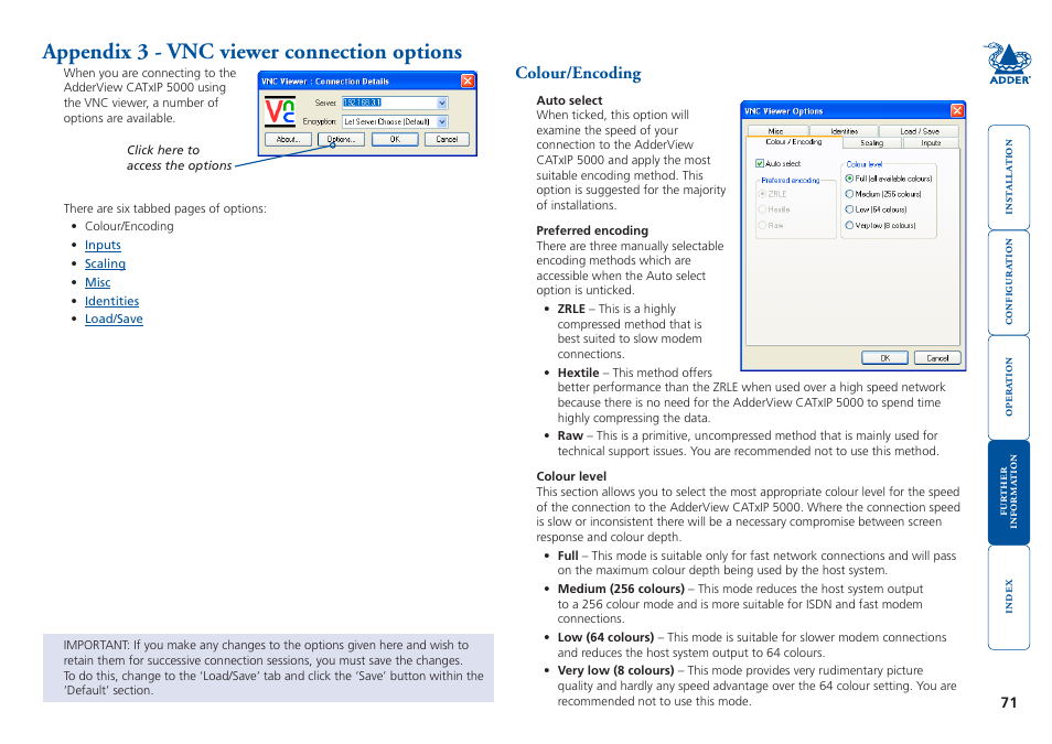 Appendix 3 - vnc viewer connection options, Colour/encoding, Ovides a range of viewer and connection settings | More, Options, Low (64 colours), Mode. the v, Vnc viewer connection options | Adder Technology 5000 User Manual | Page 72 / 94