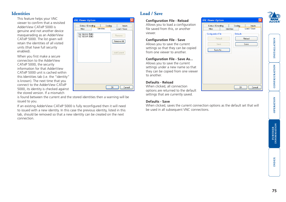 Identities, Load / save, Identities load / save | Load/save | Adder Technology 5000 User Manual | Page 76 / 94