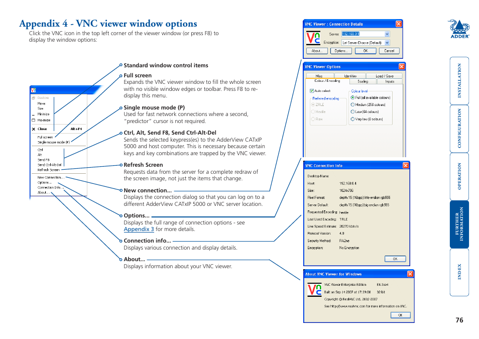 Appendix 4 - vnc viewer window options, Viewer options, Vnc viewer window options | Adder Technology 5000 User Manual | Page 77 / 94