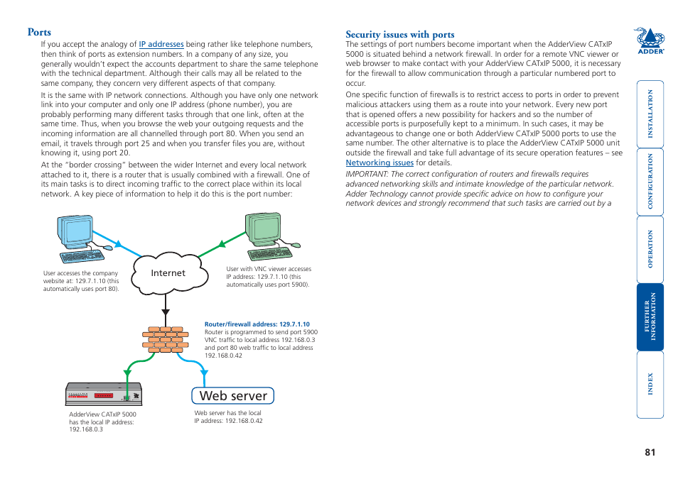 Ports, Security issues with ports, Txip 5000 uses two | To support its two, Port numbers, What is a port, Security issues, With ports, For mor, Web server | Adder Technology 5000 User Manual | Page 82 / 94