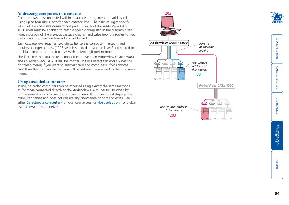 Addressing computers in a cascade, Using cascaded computers | Adder Technology 5000 User Manual | Page 85 / 94