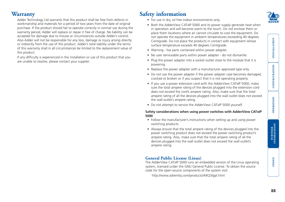 Warranty, Safety information, Warranty safety information | Adder Technology 5000 User Manual | Page 89 / 94