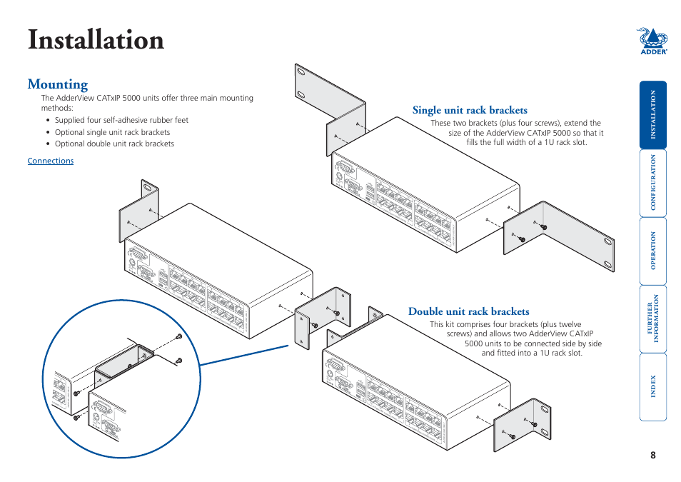 Installation, Mounting, Single unit rack brackets | Double unit rack brackets | Adder Technology 5000 User Manual | Page 9 / 94