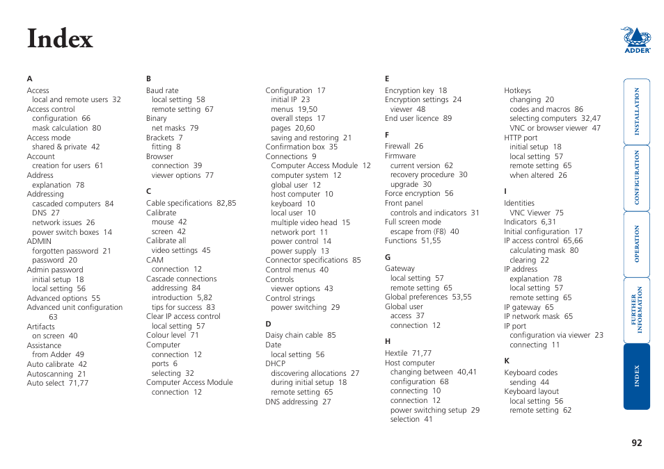 Index | Adder Technology 5000 User Manual | Page 93 / 94