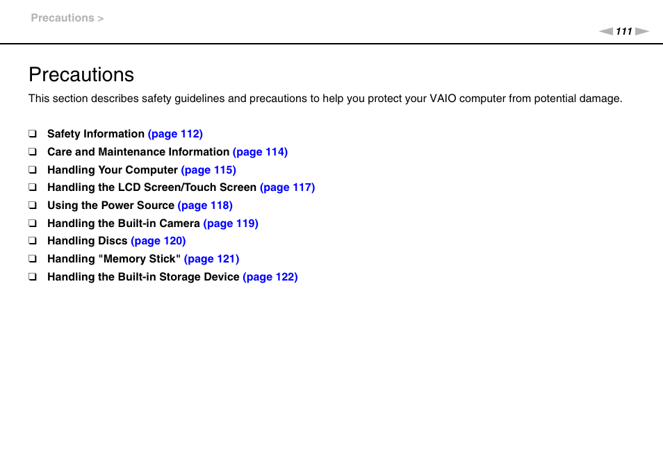 Precautions | Sony VPCL112GX User Manual | Page 111 / 164