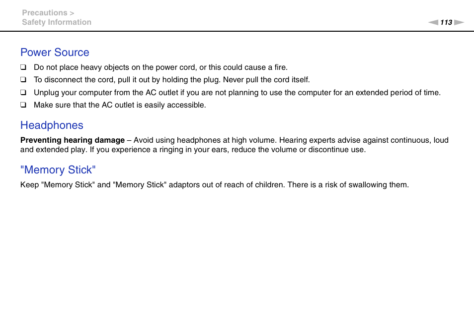 Power source, Headphones | Sony VPCL112GX User Manual | Page 113 / 164