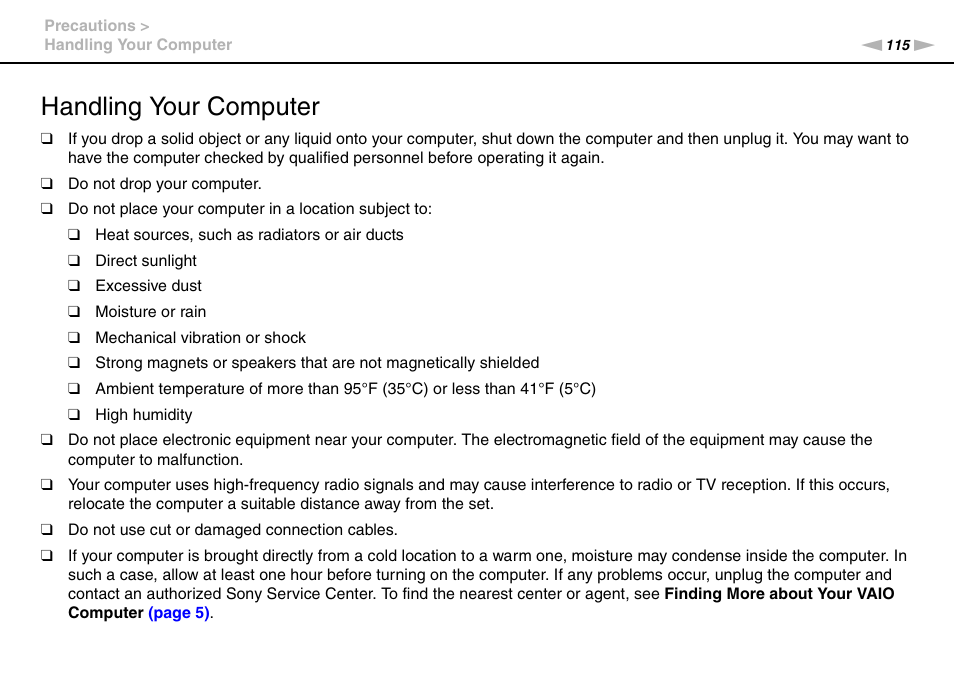 Handling your computer | Sony VPCL112GX User Manual | Page 115 / 164