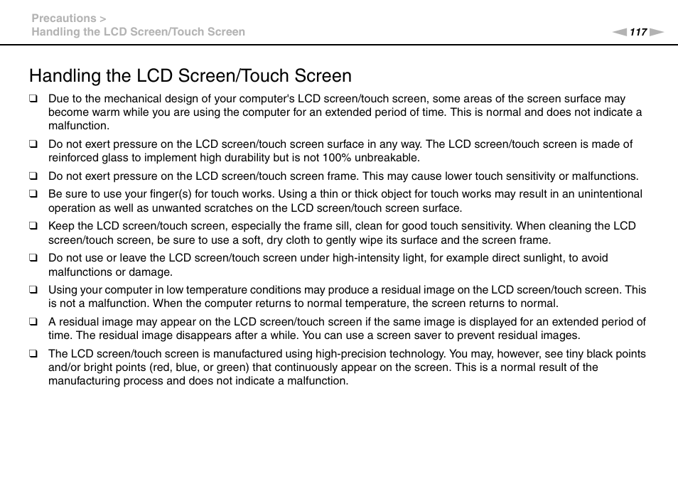 Handling the lcd screen/touch screen | Sony VPCL112GX User Manual | Page 117 / 164