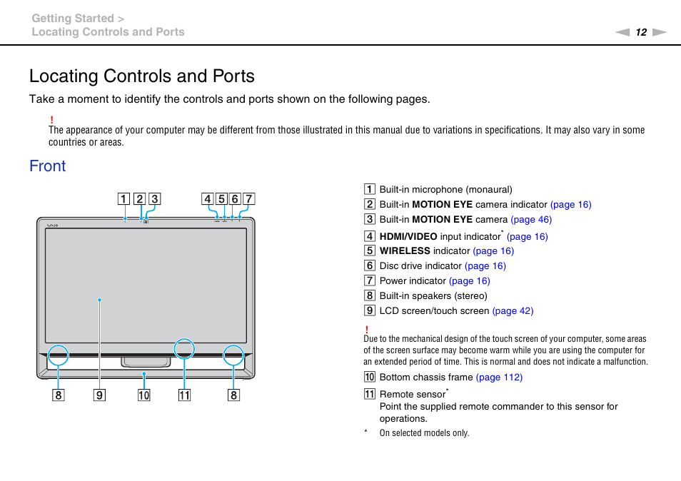 Locating controls and ports, Front | Sony VPCL112GX User Manual | Page 12 / 164