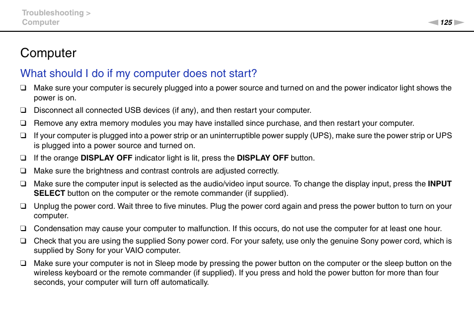 Computer, What should i do if my computer does not start | Sony VPCL112GX User Manual | Page 125 / 164