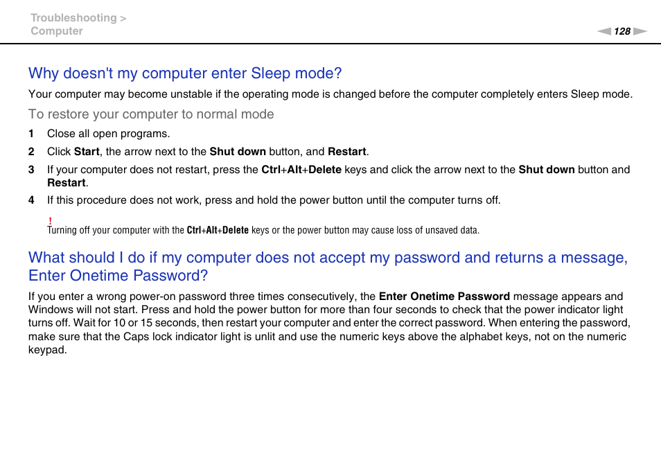 Why doesn't my computer enter sleep mode | Sony VPCL112GX User Manual | Page 128 / 164