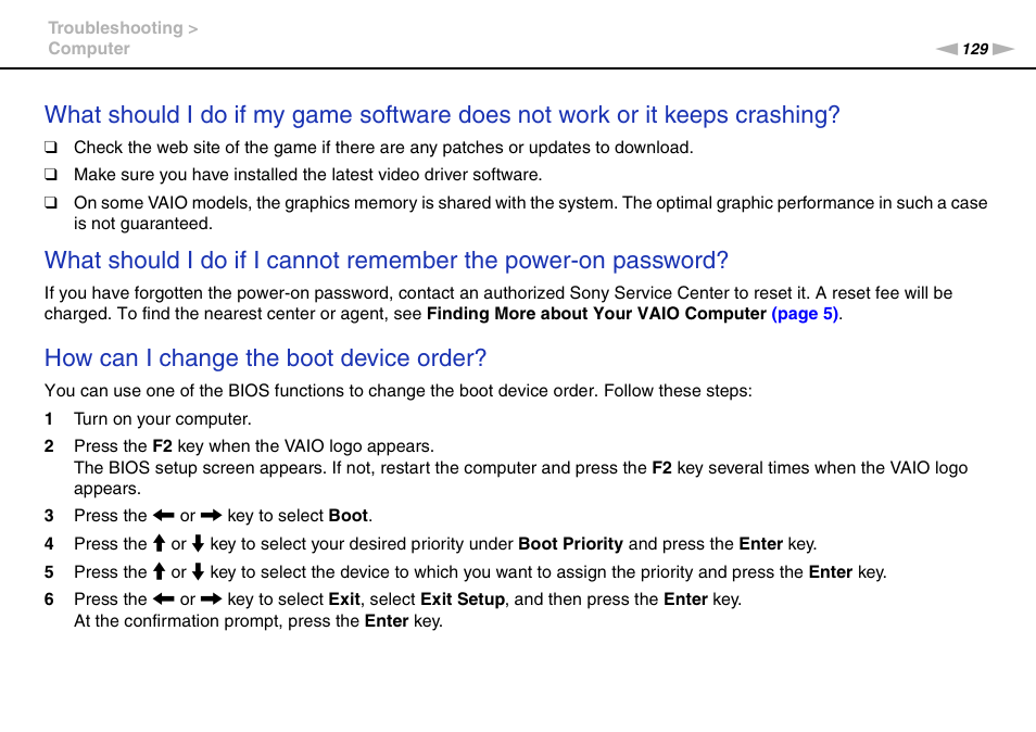 How can i change the boot device order | Sony VPCL112GX User Manual | Page 129 / 164