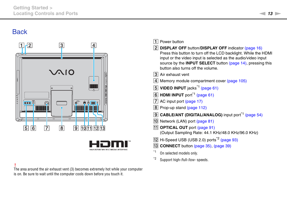 Back | Sony VPCL112GX User Manual | Page 13 / 164