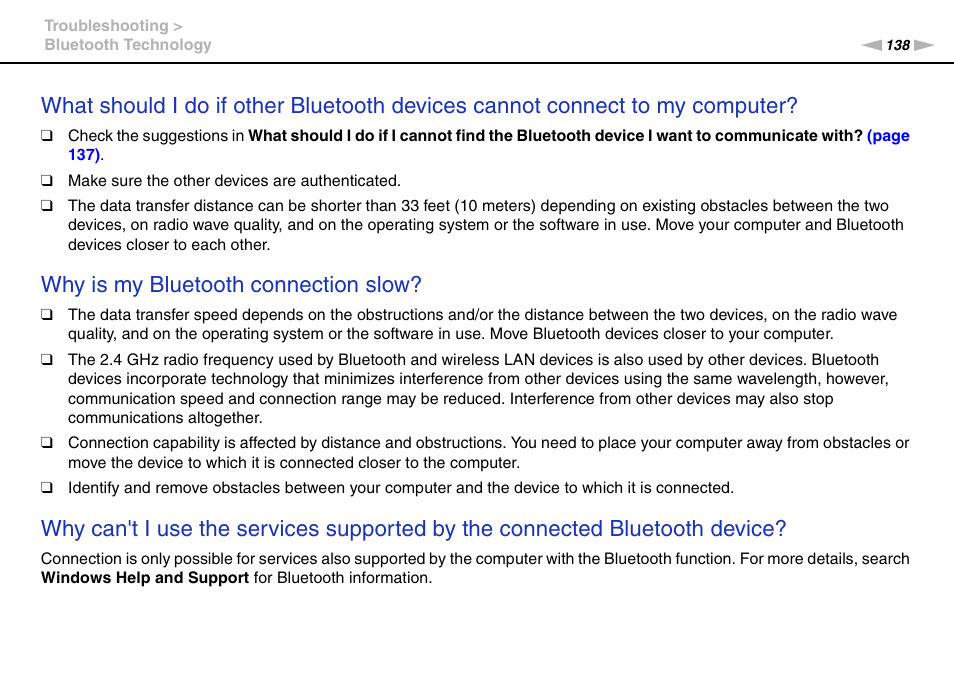 Why is my bluetooth connection slow | Sony VPCL112GX User Manual | Page 138 / 164