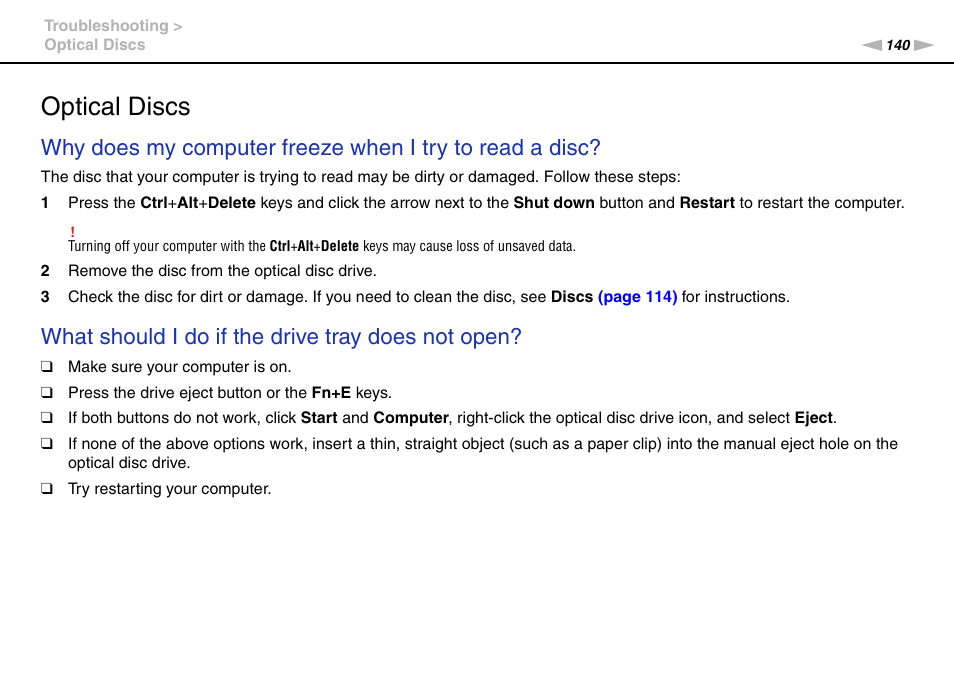 Optical discs, What should i do if the drive tray does not open | Sony VPCL112GX User Manual | Page 140 / 164