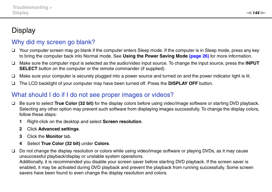 Display, Why did my screen go blank | Sony VPCL112GX User Manual | Page 144 / 164