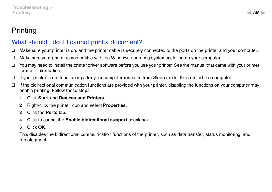 Printing, Inting, What should i do if i cannot print a document | Sony VPCL112GX User Manual | Page 146 / 164