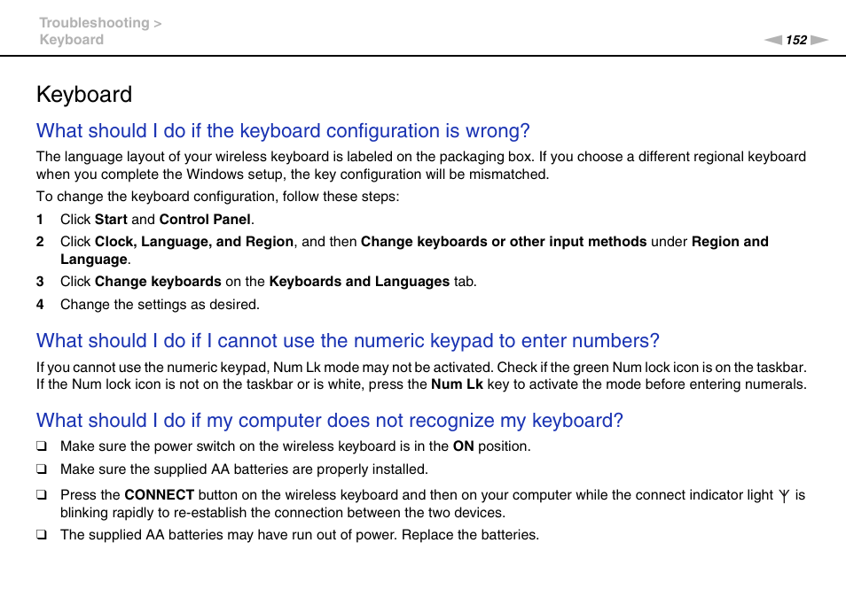 Keyboard | Sony VPCL112GX User Manual | Page 152 / 164