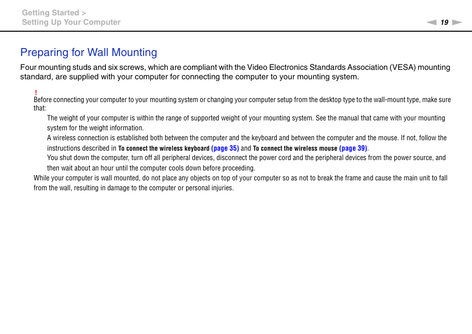 Preparing for wall mounting | Sony VPCL112GX User Manual | Page 19 / 164