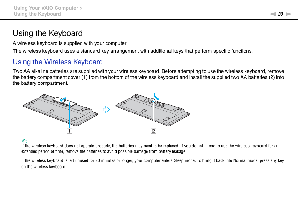 Using the keyboard, Using the wireless keyboard | Sony VPCL112GX User Manual | Page 30 / 164