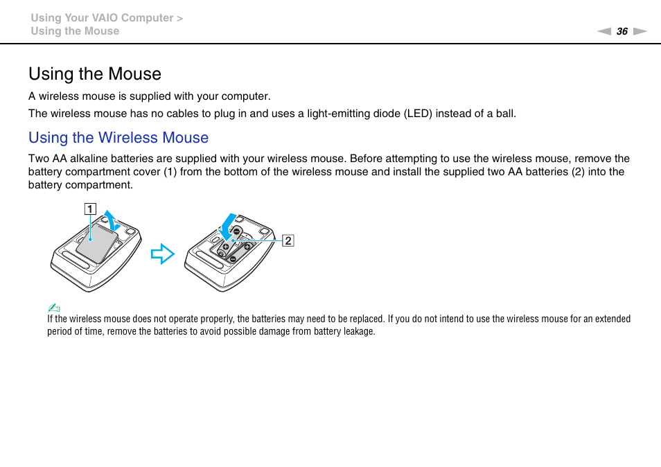 Using the mouse, Using the wireless mouse | Sony VPCL112GX User Manual | Page 36 / 164