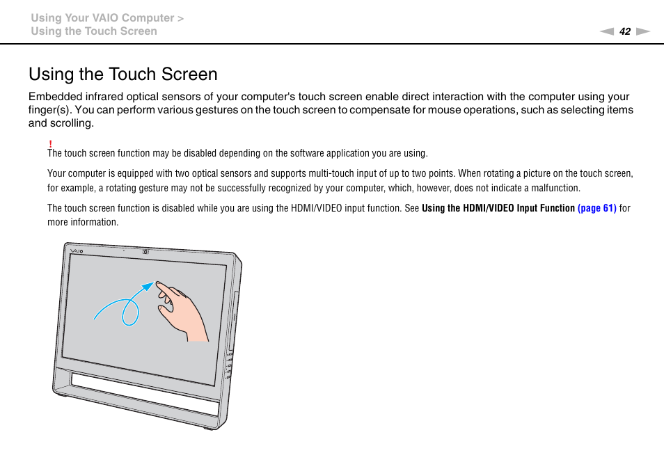 Using the touch screen | Sony VPCL112GX User Manual | Page 42 / 164