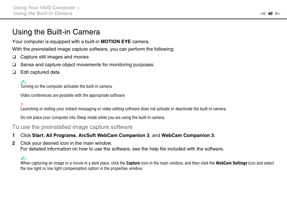 Using the built-in camera | Sony VPCL112GX User Manual | Page 46 / 164