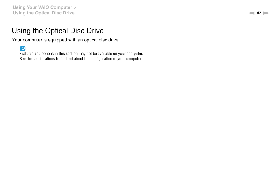 Using the optical disc drive | Sony VPCL112GX User Manual | Page 47 / 164