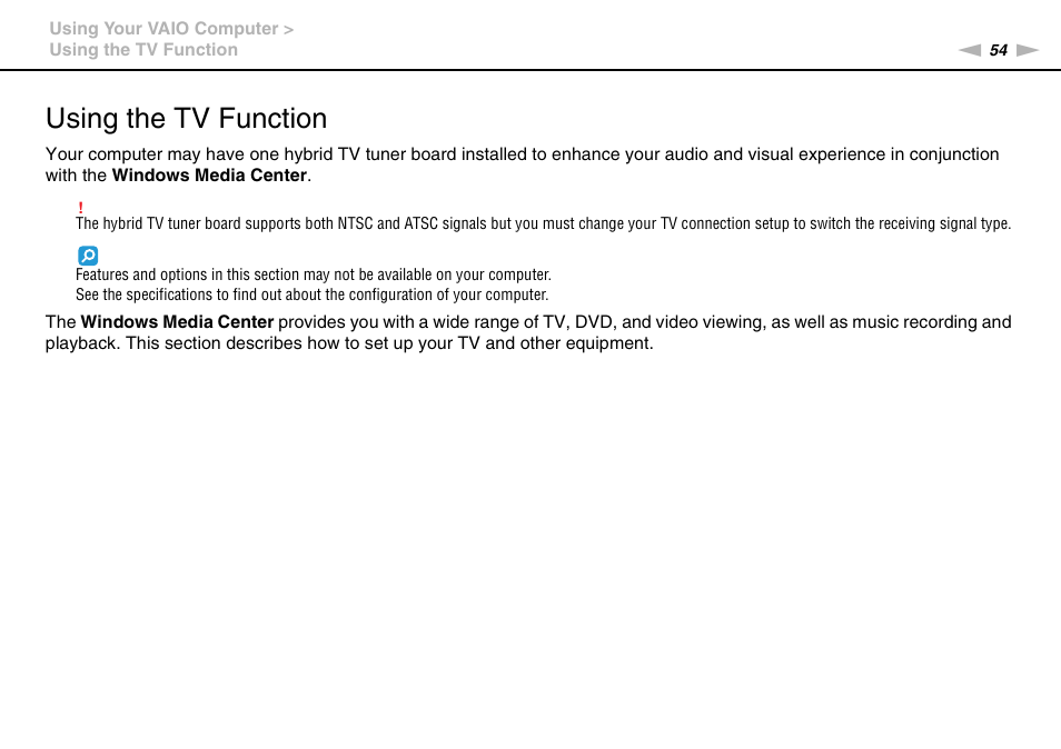 Using the tv function | Sony VPCL112GX User Manual | Page 54 / 164