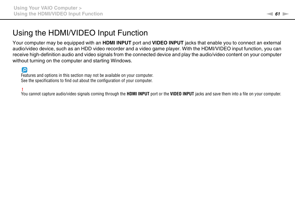 Using the hdmi/video input function | Sony VPCL112GX User Manual | Page 61 / 164