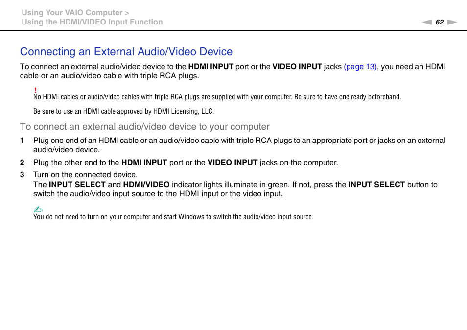 Connecting an external audio/video device | Sony VPCL112GX User Manual | Page 62 / 164