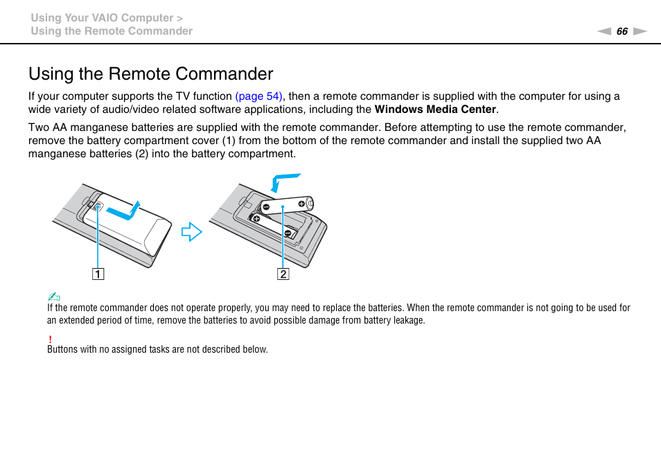 Using the remote commander | Sony VPCL112GX User Manual | Page 66 / 164