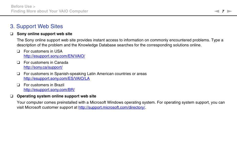 Support web sites | Sony VPCL112GX User Manual | Page 7 / 164