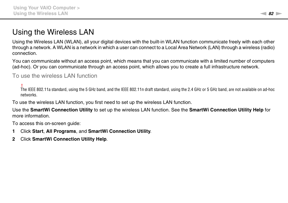 Using the wireless lan | Sony VPCL112GX User Manual | Page 82 / 164