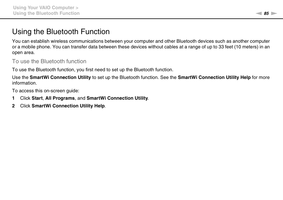 Using the bluetooth function, Tion | Sony VPCL112GX User Manual | Page 85 / 164