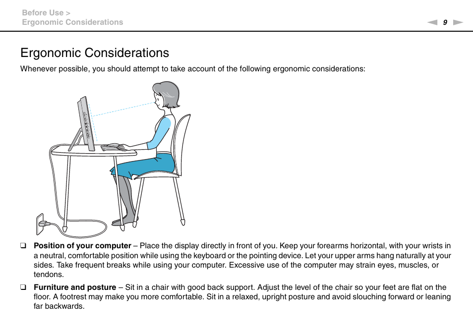 Ergonomic considerations | Sony VPCL112GX User Manual | Page 9 / 164