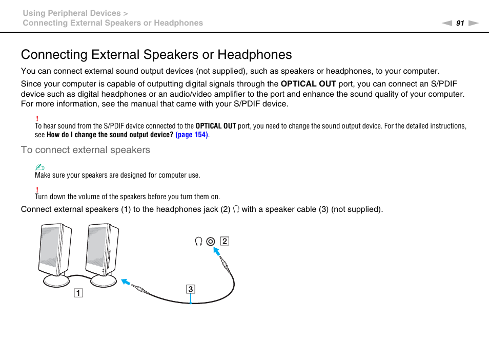 Connecting external speakers or headphones | Sony VPCL112GX User Manual | Page 91 / 164